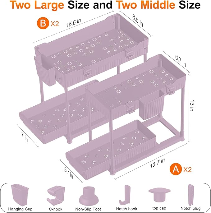 Sevenblue Under Sink Organizer, Bathroom Organizers and Storage, 2 Tier Multi-Use Pull Out Cabinet Organizer with Hang Hooks and Cups (Pink, 4 Pack) - Image 4