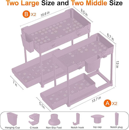Sevenblue Under Sink Organizer, Bathroom Organizers and Storage, 2 Tier Multi-Use Pull Out Cabinet Organizer with Hang Hooks and Cups (Pink, 4 Pack) - Image 4