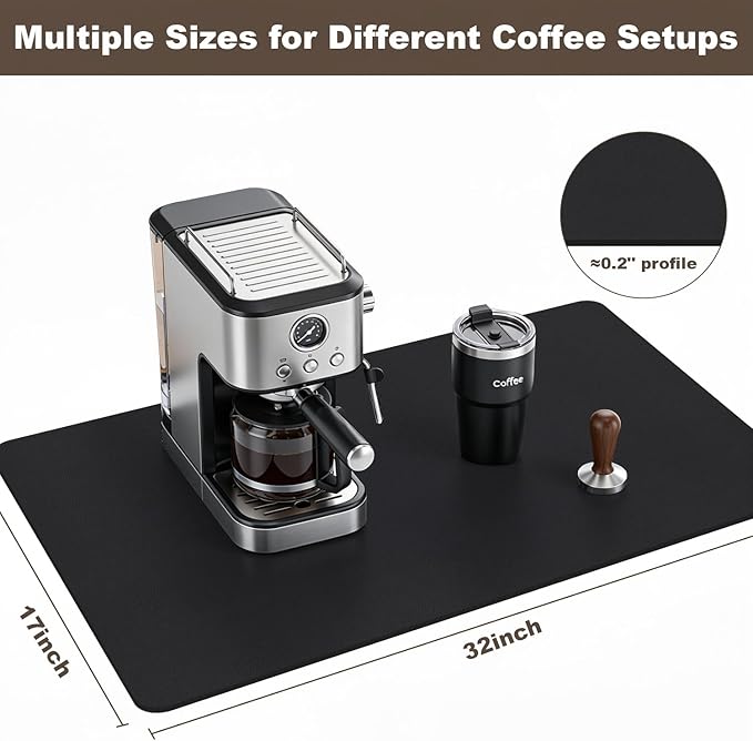 Coffee Mat,Absorbent Dish Drying Mat for Kitchen Counter,Coffee Bar Mat,Non-Slip Rubber Backed,Hide Stains & Quick Dry,for Espresso Machine,Coffee Station,Cups & Sink,17" x 32"(Black)