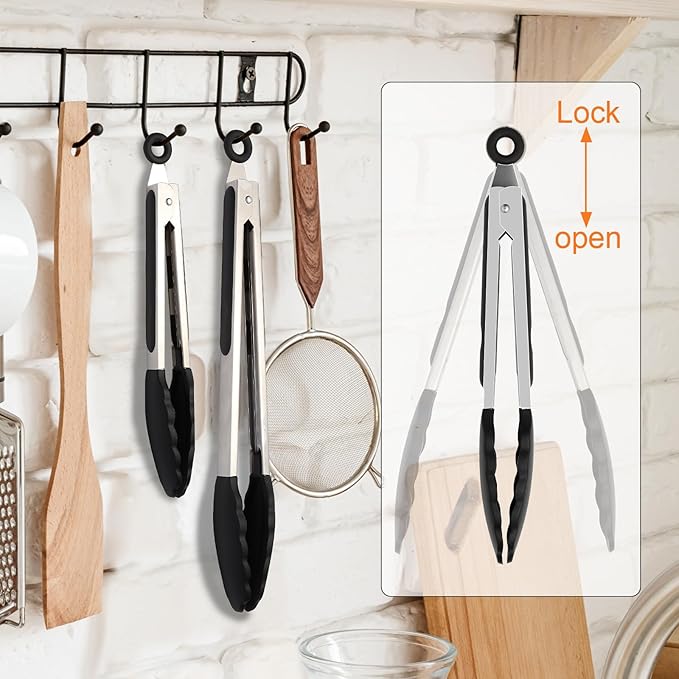 2 Pack Black Premium Stainless Steel Heat Resistant Kitchen Tongs for cooking,set of 9" and 12",Non Scratch Silicone cooking Tong Tip for Cooking Pans,Strong Grip BBQ tongs for Grabbing Hot Food - Image 7