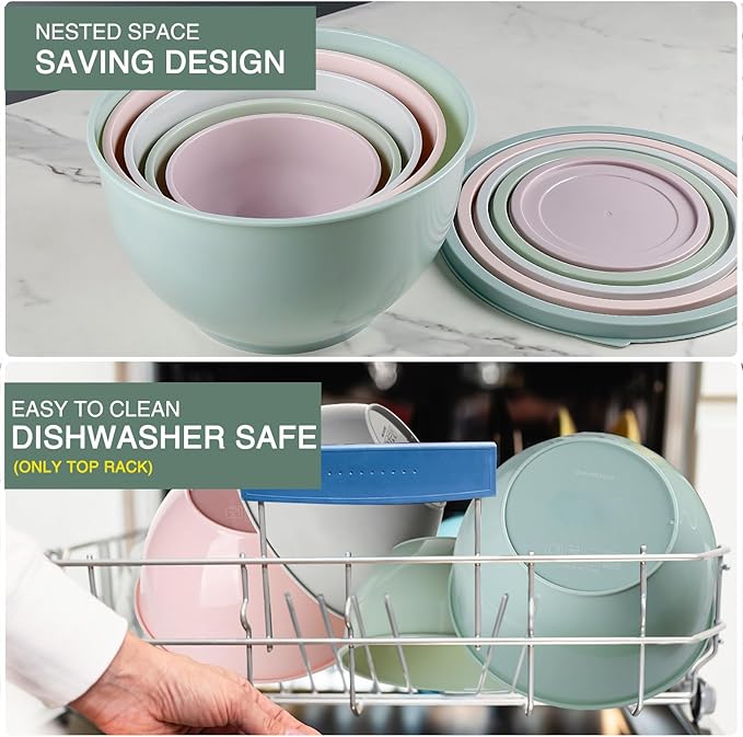 Greentainer Plastic Mixing Bowls with Lids Set for Kitchen, 5 Set Nesting Bowls for Mixing, Baking, Prepping, Cooking and Serving Food, Mixing Bowls Dishwasher, Microwave Safe - Image 7