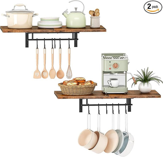CHOEZON Wall-Mounted Pot Racks, Set of 2 Hanging Pot Rack, Floating Shelves, Vintage Pot Hangers for Kitchen, 2-Tier Hanging Shelves for Kitchen Storage, Rustic Brown and Black TPR27P2BF