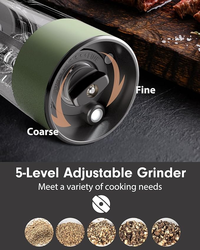 TOMEEM Upgraded Larger Capacity Electric Salt and Pepper Grinder Set Rechargeable with LED lights, Stainless Steel Automatic Pepper and Salt Grinder Refillable with 5 Adjustable Coarseness Green - Image 4