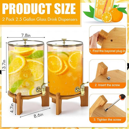 Honeydak 2 Pack 2.5 Gallon Each Amber Glass Drink Dispensers with Spigot, Gold Accent, Beverage Dispensers with Stand for Lemonade Juice Water Iced Tea Cocktails