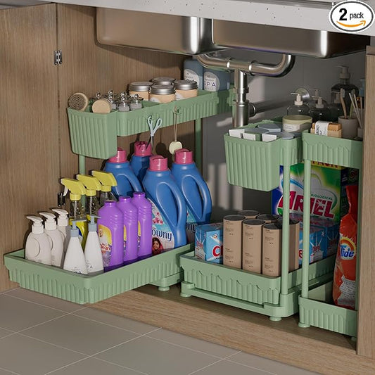 Sevenblue 3 Pack Multi-Purpose Under Sink Organizers and Storage, 2026 L-Shaped Pull Out Cabinet Organizer for Bathroom & Kitchen, Under Cabinet Organizer with Hooks Hanging Cup (Green, 12.85 inch) by Sevenblue