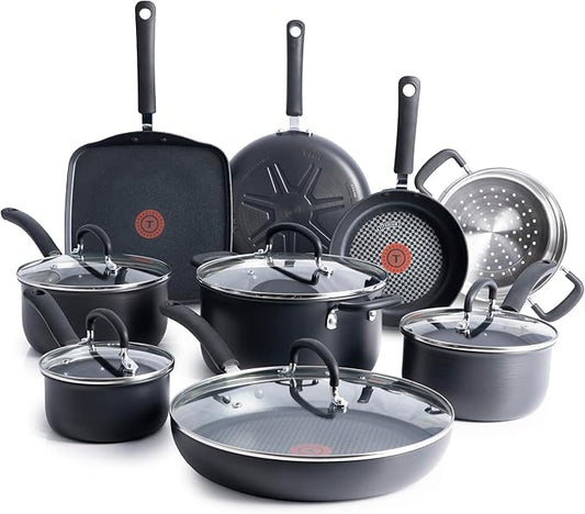 T-fal Ultimate Hard Anodized Nonstick Pots and Pans Set 14 Piece, Oven Broiler Safe 400F, Kitchen Cooking Set w/Fry Pans, Saucepans, Griddle, Dutch Oven, Dishwasher Safe, Cookware, Onyx by T-falbrand