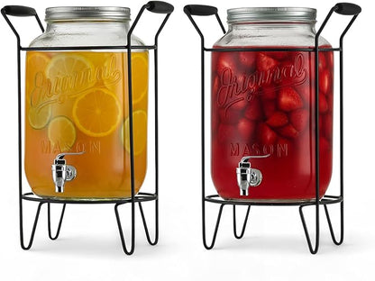 2 PACK-2 GALLON Drink Dispensers for Parties, Drink Dispensers for Parties, Original Mason Beverage Dispensers with Stand, Glass Water Jug Dispenser, 100% Leakproof Spigot
