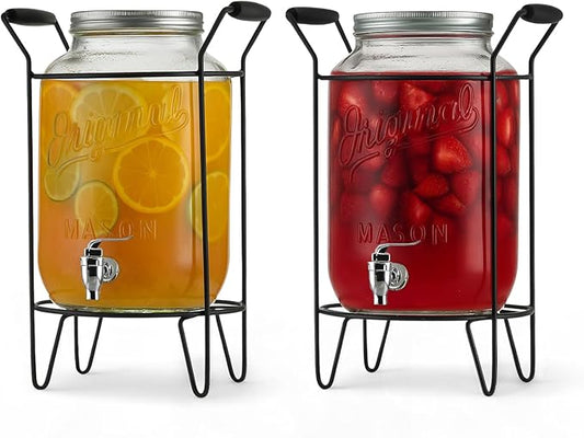 2 PACK-2 GALLON Drink Dispensers for Parties, Drink Dispensers for Parties, Original Mason Beverage Dispensers with Stand, Glass Water Jug Dispenser, 100% Leakproof Spigot