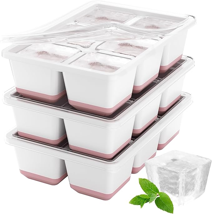 Optish Large Ice Cube Molds, 3 Pack Whiskey Square Ice Molds, 1.8 Inch Big Ice Cube Tray, Stackable Cocktail Ice Tray with Lid, Easy to Release (Pink) by Optish