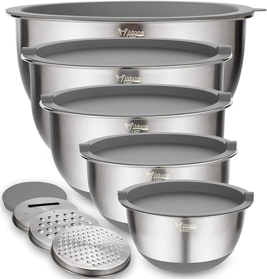 Wildone Mixing Bowls with Airtight Lids Set, 5PCS Stainless Steel Nesting Bowls Set for Kitchen, with Grater Attachments & Non-Slip Bottoms, Size 5, 3, 2, 1.5, 0.63 QT, Great for Baking & Serving by Wildone