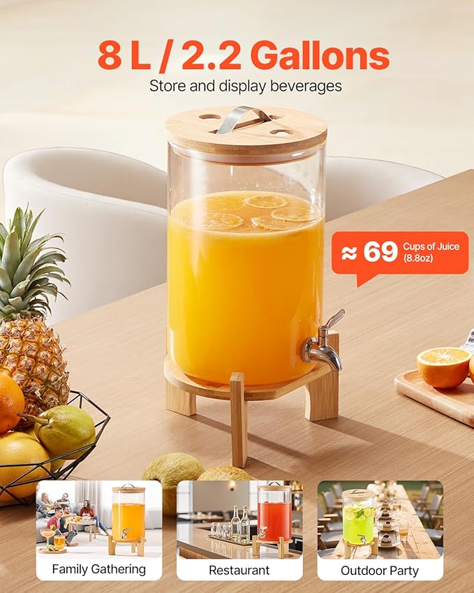 VEVOR Beverage Dispenser, 2.2 Gallon Drink Dispensers for Parties, Glass Juice Dispenser with Wood Stand, Stainless Steel Spigot, Iced Tea Lemonade Juice Water Dispensers for Parties