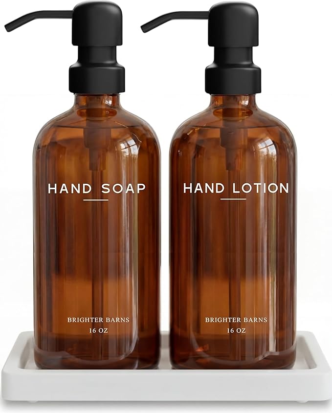 Amber Glass Soap and Lotion Dispenser Set with Tray by Brighter Barns - Hand Soap Dispenser Bathroom Set & Stainless Steel Pump for Home, Restaurant, Spa - Neutral Bathroom Decor & Accessories (Amber) by BrighterBarns