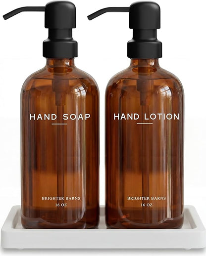 Amber Glass Soap and Lotion Dispenser Set with Tray by Brighter Barns - Hand Soap Dispenser Bathroom Set & Stainless Steel Pump for Home, Restaurant, Spa - Neutral Bathroom Decor & Accessories (Amber) by BrighterBarns