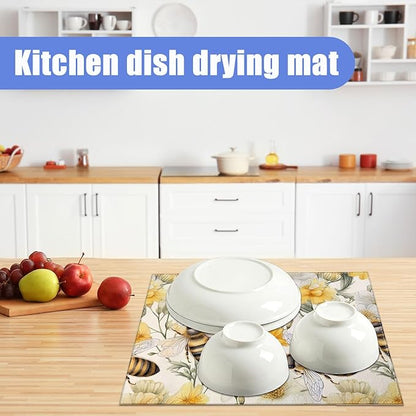 Watercolor Bee Floral Dish Drying Mat for Kitchen Counter Drying Pad Absorbent Reversible Dish Drainer Rack Mats Draining Pad 18"x24"Inch - Image 6