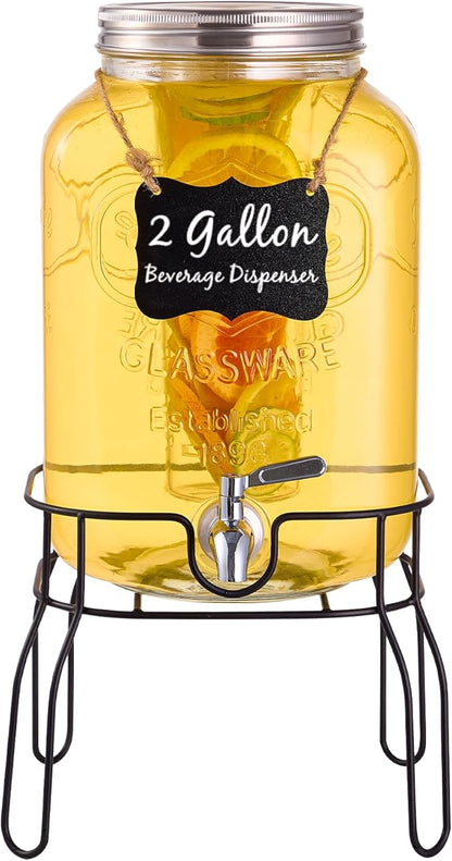 2 Gallon Glass Drink Dispensers for Parties, Beverage Dispenser with Stand, Fruit Infuser and Stainless Steel Spigot 100% Leakproof, Beverage Dispenser for Lemonade Sun Tea by Unknown