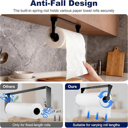 Black Paper Towel Holder Under Cabinet, Adhesive Paper Towel Holder Wall Mount Toilet Roll Holders Rack for Kitchen Bathroom Garage Counter, Anti-Drop Upgraded Telescopic Rod Design Roll