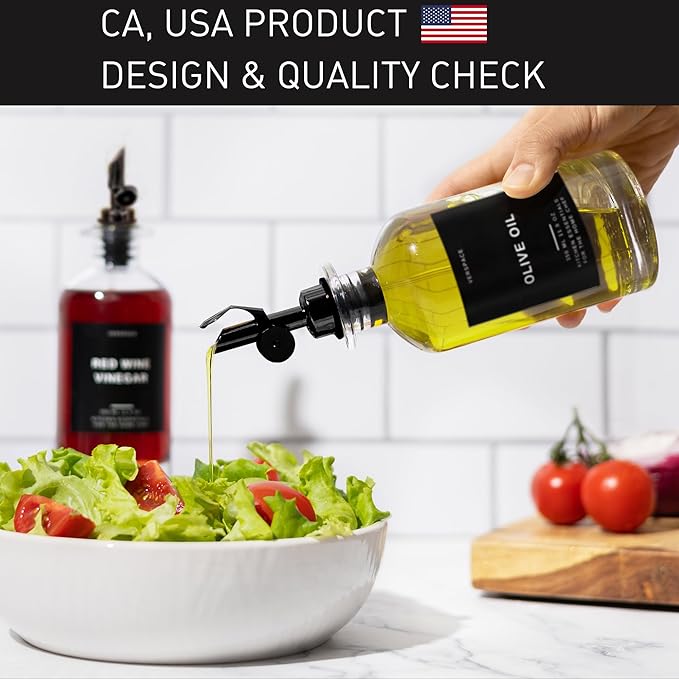 Verspace - Clear Glass Olive Oil Dispenser Bottles For Kitchen With Silicone Tray & 40 Labels, Soy Sauce Dispenser, Coffee Syrup Dispenser, Olive Oil Bottles Set Of 2, Black - Image 4