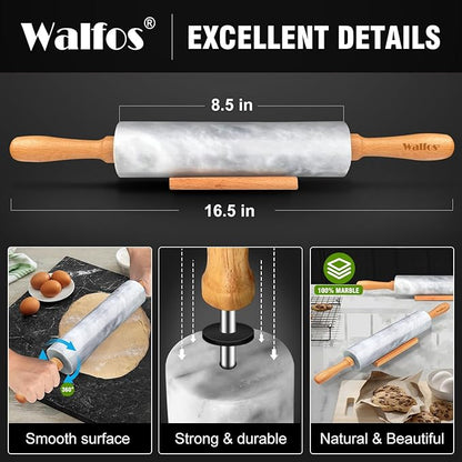 Walfos Marble Rolling Pin With Wooden Handles & Wood Cradle, 16.5 Inch Marble Rolling Pins For Making Pizza Dough And Tortillas, Dough Roller For Pie Crust, Cookie, Pasta (Gray & White) - Image 2
