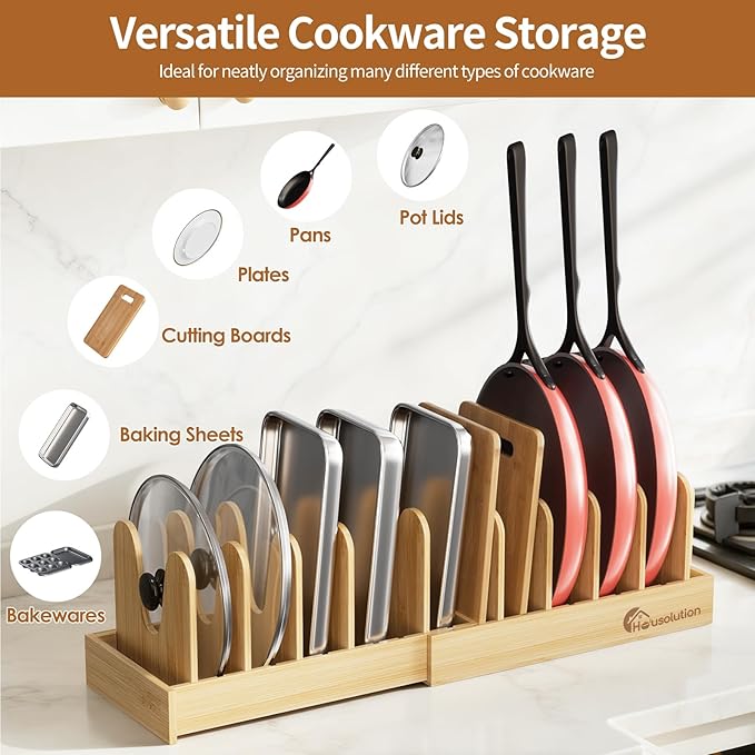 Housolution Bamboo Pot and Pan Organizer for Cabinet, 15"-29" Expandable Pot Lid Organizer with 10 Adjustable Dividers, Pan Holder Storage Rack with Solid Bamboo Wooden Base - Image 2