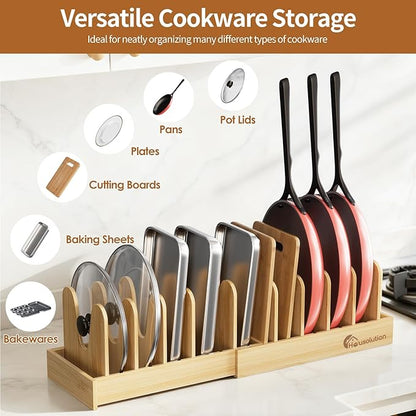 Housolution Bamboo Pot and Pan Organizer for Cabinet, 15"-29" Expandable Pot Lid Organizer with 10 Adjustable Dividers, Pan Holder Storage Rack with Solid Bamboo Wooden Base - Image 2