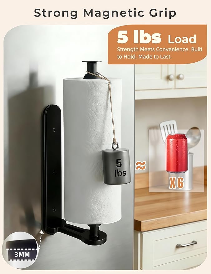 Magnetic Paper Towel Holder, One-Handed Tear Paper Towel Holder with Ratchet Mechanism, Self-Adhesive & Wall Mount, Paper Towel Holder Wall Mount for Refrigerator, Kitchen, Bathroom, Garage, Rv