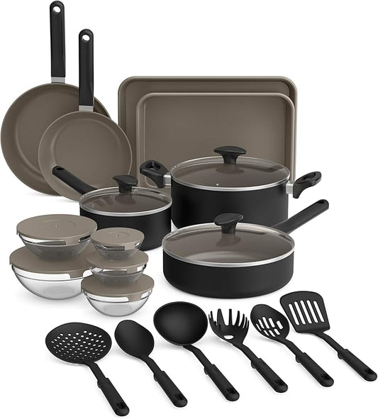 bella 21 Piece Kitchen Set with EverGood™ Ceramic Nonstick Coating​, Dishwasher & Oven Safe, All Stovetops Compatible, Tempered Glass Lids & Cool Touch Handles, Black by bella