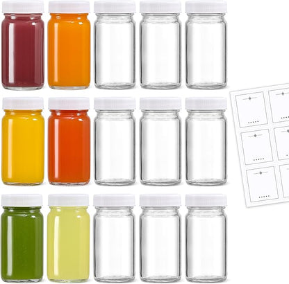 LANDNEOO 15 Pack 2 oz Glass Shot Bottles w/White Lids & 15 Labels - Small Clear Jar for Ginger, Wellness Shot, Juice, Sample, Whiskey - Travel Mini Bottles - Wide Mouth, Leakproof, Dishwasher Safe by MakeLifeBetterEasier