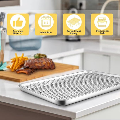 16 Inch Baking Sheet Pan with Cooling Rack Set, Joyfair Stainless Steel Toaster Oven Tray Pans with Grid Racks, Rectangular Bakeware for Cookie/Bacon, Heavy Duty & Rust-free, Dishwasher Safe
