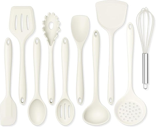 Onader Kitchen Cooking Utensils Set of 10, Silicone Utensils Set for Cooking, Includes Non Toxic Turner Spoon Spatula Whisk Pasta Server - White