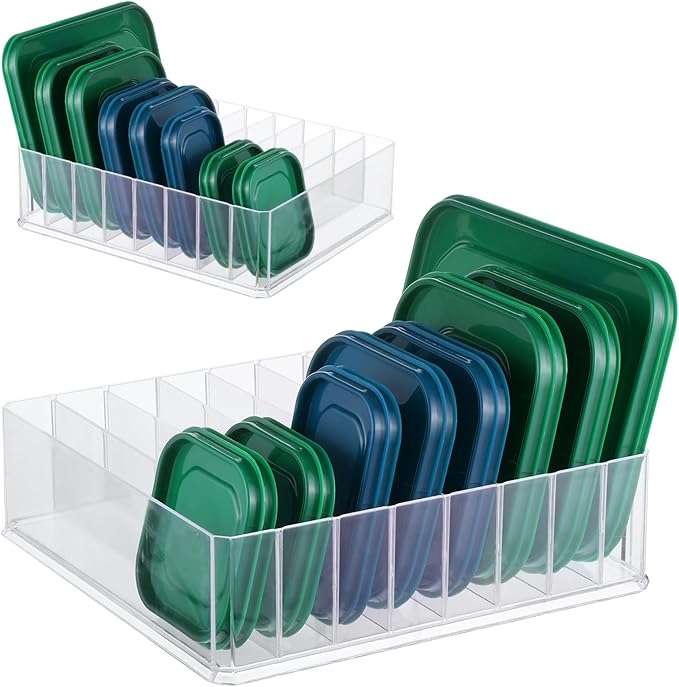 Rainmae Lid Organizer for Food Storage Container, Kitchen Pantry Lid Holder with 7 Adjustable Dividers for Cabinets and Drawer, Countertop Cupboard Lid Organization, Food Storage Container for Lids by Rainmae