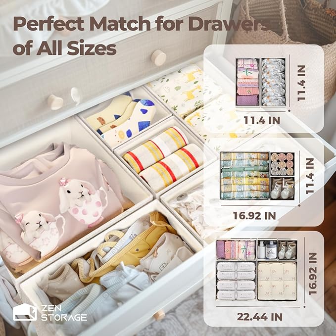Cotton Linen Drawer Organizer for Baby Clothes, 12Pack Multi-Size Nursery Dresser Dividers for Clothes, Premium Foldable Storage Bins for Bedroom, Closet and Diaper Table, Beige - Image 9
