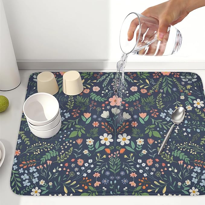 Floral Dish Drying Mat for Kitchen Counter Rustic Flower Leaves Print Microfiber Dish Drainer Mat Farmhouse Floral Absorbent Washable Drying Pad Extra Large 18"x24"