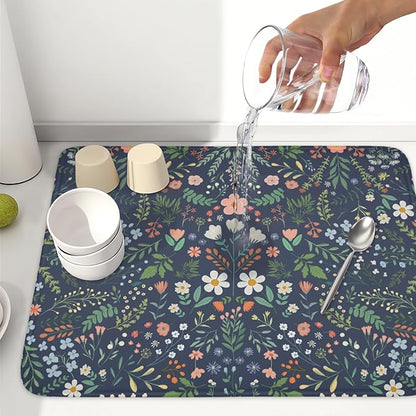 Floral Dish Drying Mat for Kitchen Counter Rustic Flower Leaves Print Microfiber Dish Drainer Mat Farmhouse Floral Absorbent Washable Drying Pad Extra Large 18"x24"