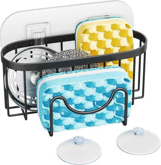 HapiRm Multifunctional Sponge Holder with Unique M-Shaped, 2 Installation Methods Kitchen Sink Caddy Organizer, Rustproof Stainless Steel Kitchen Organizers and Storage Essentials - Black by HapiRm
