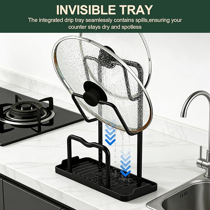 Kitchen Pot Lid Storage Rack: Carbon Steel Double Layer Pot Lid Organizer with Tray, Multifunctional Pot Lid Holder While Cooking, Saving Space Organizer Storage for Kitchen Countertop (Black) - Image 7