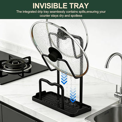 Kitchen Pot Lid Storage Rack: Carbon Steel Double Layer Pot Lid Organizer with Tray, Multifunctional Pot Lid Holder While Cooking, Saving Space Organizer Storage for Kitchen Countertop (Black) - Image 7