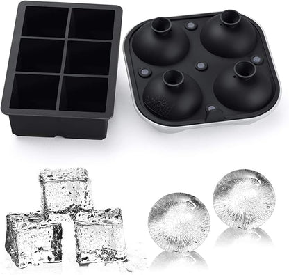 Samuelworld Large Silicone Premium Ice Trays, 2-Pack Combo, 2 Inches Big Ice Cube Tray & 2.5 Inches Large Ice Sphere - BPA Free, Craft Ice Maker for Gifting, Whiskey, Cocktails, Easy Release - Black