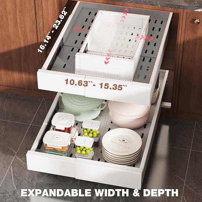 Seinloes 2 Pack Pull Out Cabinet Organizer Expandable Width(11"-16") and Depth(17"-24"),Slide Out Drawers with Raising Pad for Framed Cabinets,No Drill Roll Out Shelves for Kitchen,Bathroom,White - Image 3