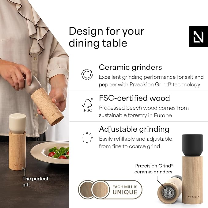 LARS NYSØM Wooden Salt and Pepper Grinder Set Manual with Tray - Salt and Pepper Mills with Adjustable Ceramic Grinder - Elegant Beechwood Pepper and Salt Mill Set for Dining Table (Carbon Black)