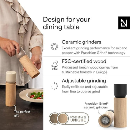 LARS NYSØM Wooden Salt and Pepper Grinder Set Manual with Tray - Salt and Pepper Mills with Adjustable Ceramic Grinder - Elegant Beechwood Pepper and Salt Mill Set for Dining Table (Carbon Black)