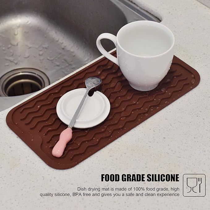 Silicone Dish Drying Mat, Non-Slip Easy Clean Sink Mat Large Heat-resistant Dish Drainer Mat for Kitchen Counter, Sink, Refrigerator or Drawer liner (12" x 6", COFFEE) - Image 6