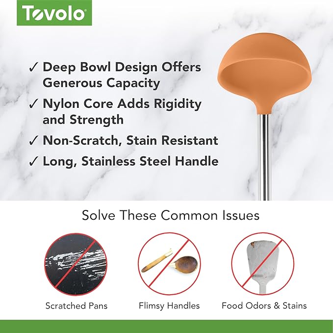 Tovolo Silicone Ladle With Stainless Steel Handle Deep Soup Ladle for Cooking Canning Serving Soup Punch Stew Sauce, Large Kitchen Utensil Spoon Dishwasher Safe BPA Free Silicone Apricot Orange - Image 3