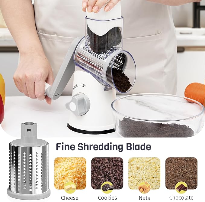 Rotary Cheese Grater Hand Crank, 3 Blades Slicer Shredder, Cheese Grater for Kitchen, Multi-Functional Kitchen Tool for Vegetables, Nuts, Chocolate, with Strong Suction Base, White - Image 5