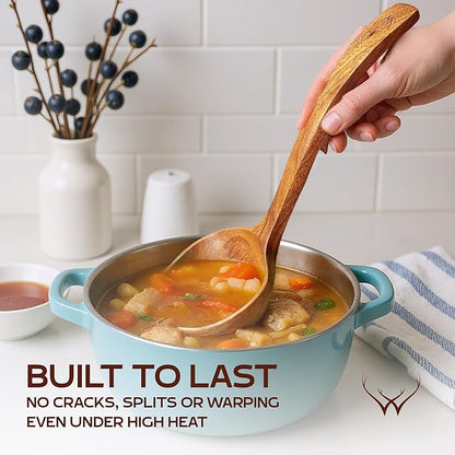 2Pcs Wooden Ladle Set included Teak Wood Soup Spoons with Hook Handles for Cooking wih Large Spoon Rest, Serving, Stirring – Non-Stick Wooden Spoons for Pot & Bowl