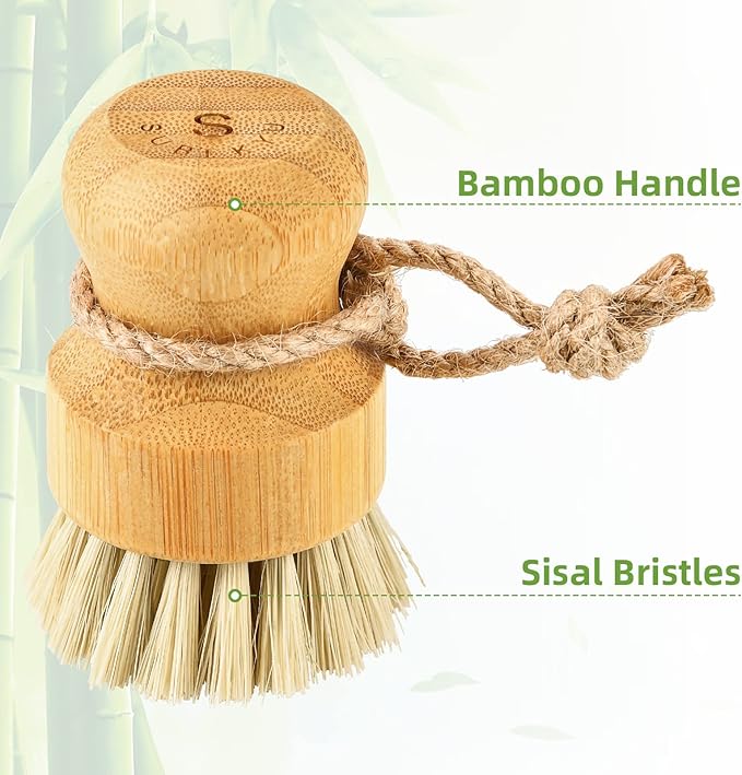 SUBEKYU Bamboo Dish Scrub Brushes for Kitchen, Wooden Cleaning Scrubbers Set for Washing Cast Iron Pan/Pot, Natural Sisal Bristles, Set of 2 - Image 5