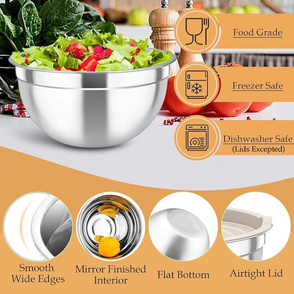 TeamFar Mixing Bowls, Stainless Steel Nesting Salad Bowls with Lids Set of 3 & 3 Grater Attachments, For Mixing/Serving/Storing, Non-toxic & Long-lasting, Size 4.6/3 / 1.5 QT, Khaki - Image 4