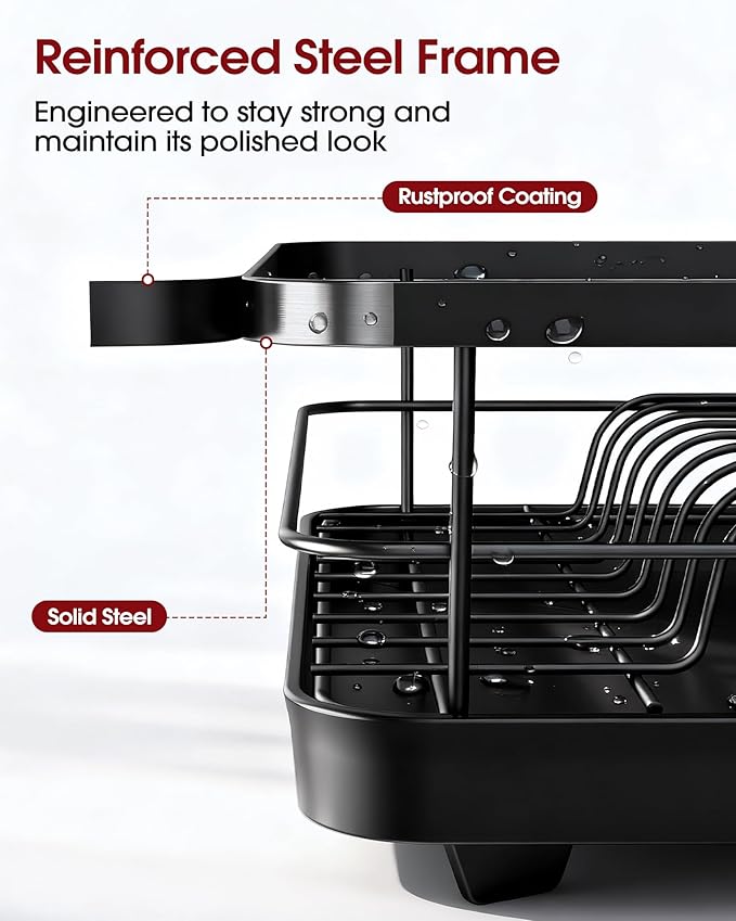 Sakugi Stainless Steel Dish Drying Rack for Kitchen Counter, Sink Organization and Storage Essentials with Silverware & Utensil Holder, Home and Apartment Decor, 12''W x 15.5''L, Black - Image 6