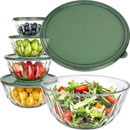 Luvan 5-Pack Glass Mixing Bowls with Lids Set - Leaf Pattern Clear Serving Bowls with Dark Green Translucent Lids, Nesting Borosilicate Salad Bowl, Dishwasher & Microwave Safe by Luvan