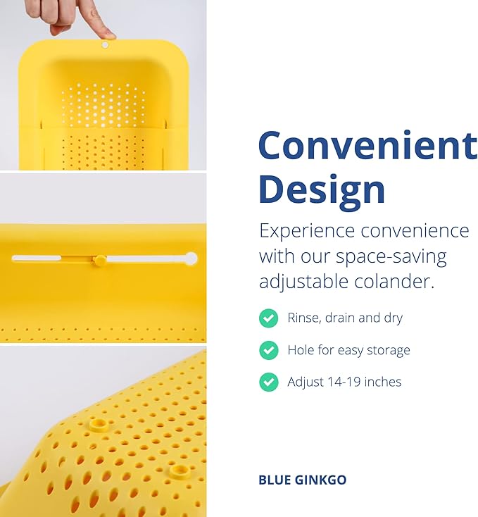 BLUE GINKGO Over the Sink Colander Strainer Basket - Wash Vegetables and Fruits, Drain Cooked Pasta and Dry Dishes - Extendable - New Home Kitchen Essentials (Yellow, 1 Pack) - Image 4