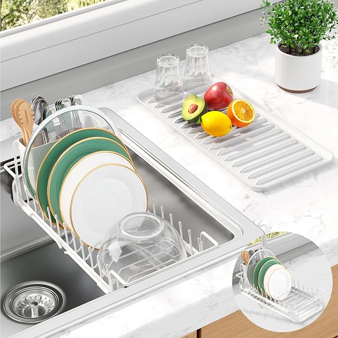 Kitsure Dish Drying Rack - Expandable Dish Rack for Kitchen Counter, Over Sink Or in Sink, Space-Saving Plates Dryer with Cutlery Holder & Drip Tray, 14.0"-20.9" L x 6.3" W x 8.0" H, White by Kitsure